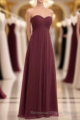 Burgundy Chiffon Strapless Sweetheart A-Line Long Bridesmaid Dress